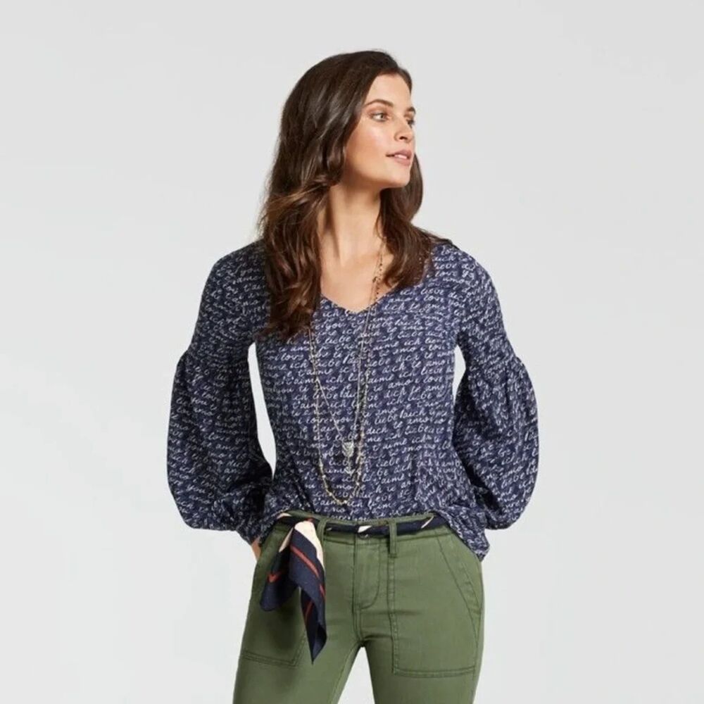Cabi Style #5336 Te Amo Love You Navy Balloon Sleeve Popover Blouse Small